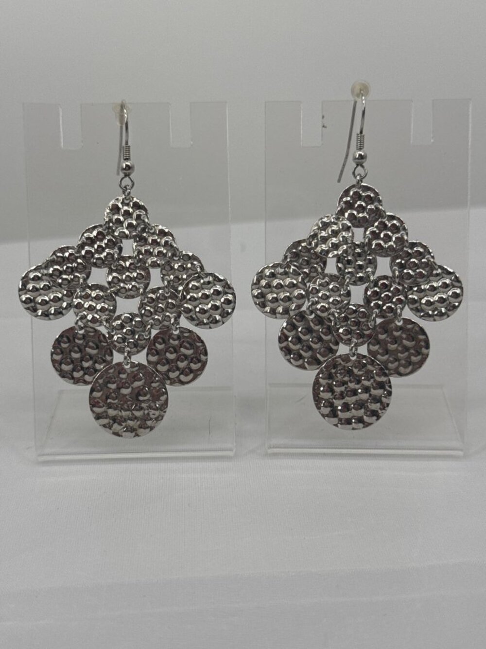 Y2K Silver Textured Disc Chandelier Earrings Boho Statement Dangle Fishhook